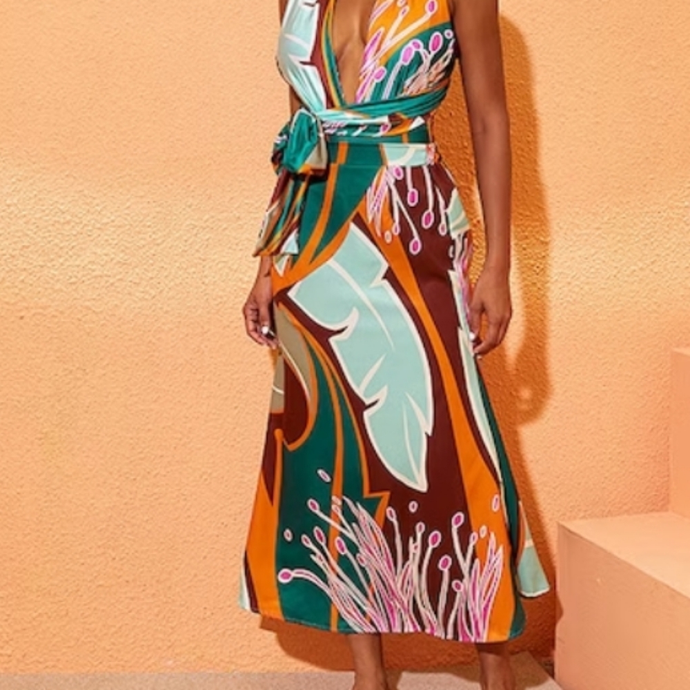 Flaxmaker Vacation Swimwear Halter Printed One Piece and Skirt Swimsuit